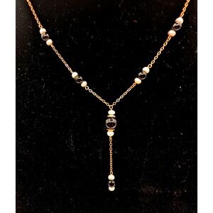 Vintage 14KT Yellow Gold Black Onyx and Pearl Y-Necklace Drop Pendant 14K